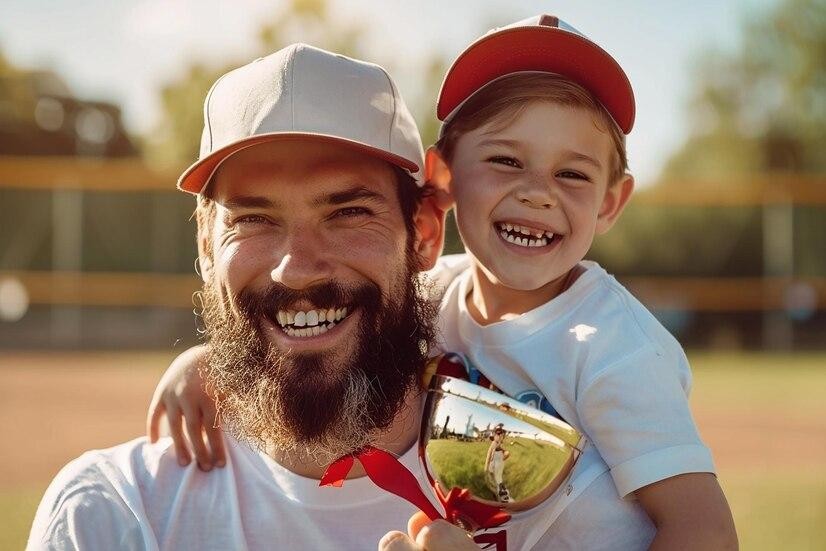 Proud father and child celebrating their love for baseball at a little league game
